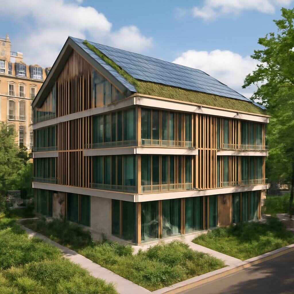 Bâtiment bas-carbone certifié avec toiture végétalisée et panneaux solaires intégrés