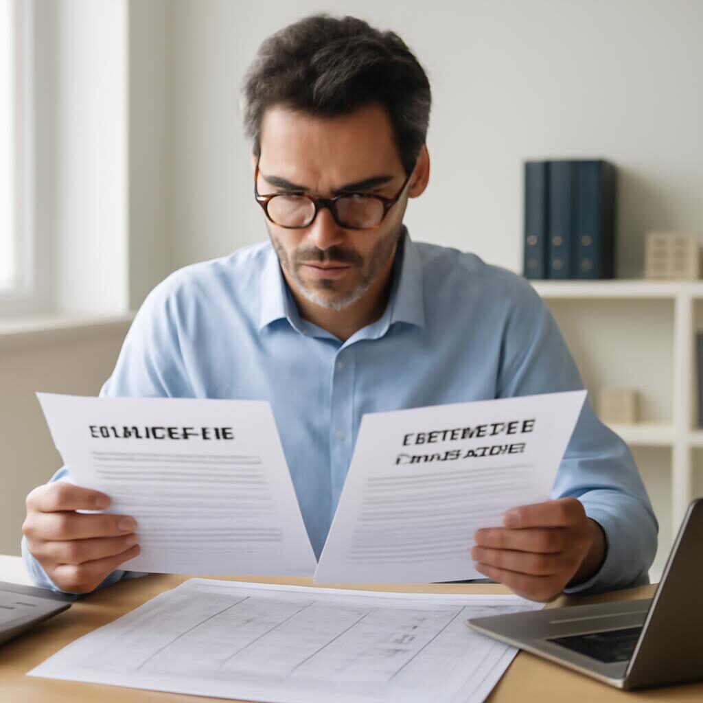 Architecte examinant des documents d'assurance décennale et de garantie professionnelle à son bureau