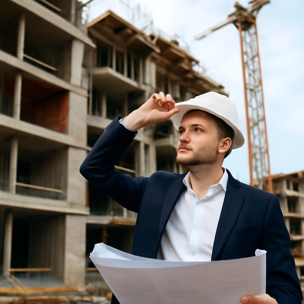 Architecte en casque de chantier inspectant un bâtiment en construction, responsabilité décennale