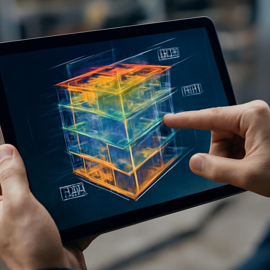 Modèle BIM consulté sur tablette avec données techniques du bâtiment