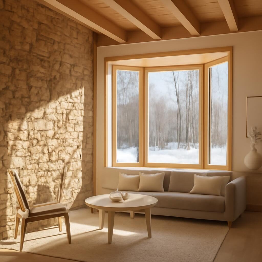 Salon bioclimatique avec mur inertie thermique exposé au soleil hivernal