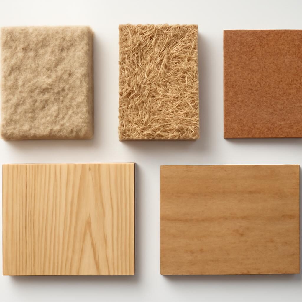 Échantillons de matériaux biosourcés : chanvre, paille, liège, bois, terre crue