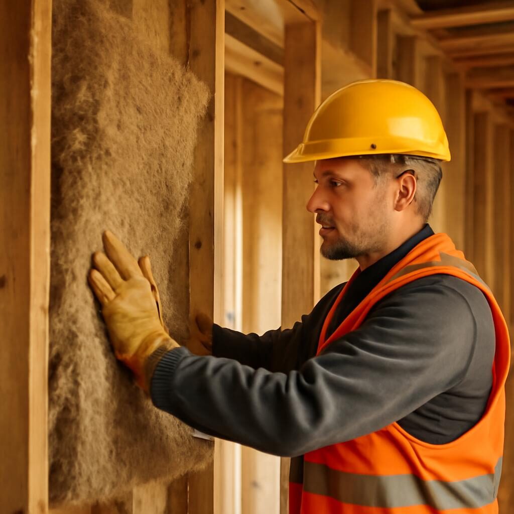 Pose de laine de chanvre entre les montants d'une ossature bois sur chantier