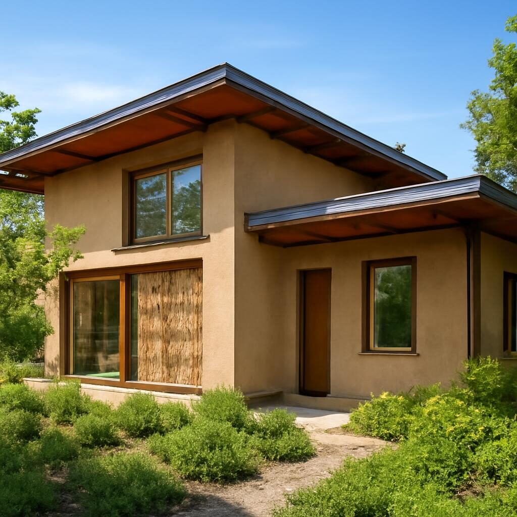 Maison écologique en paille avec finitions à la chaux et jardin verdoyant
