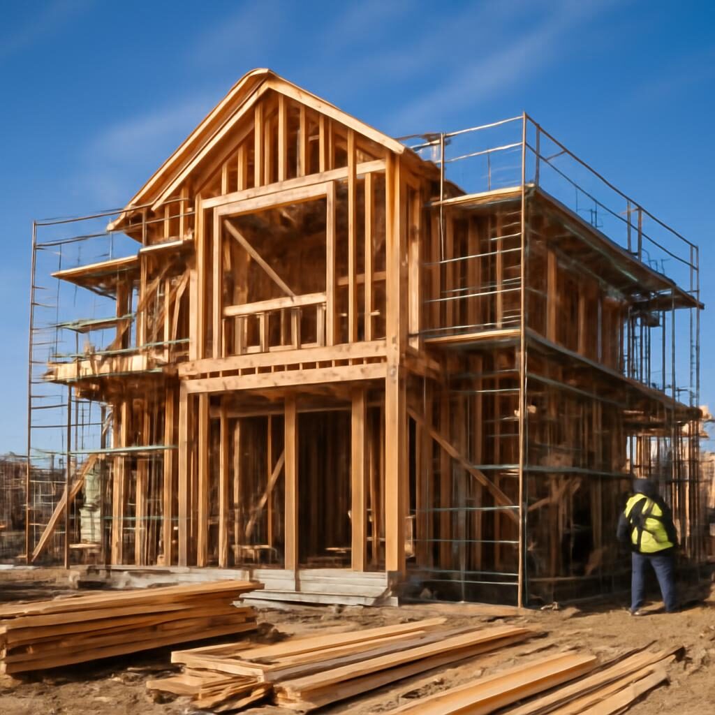 Chantier de construction de maison individuelle en ossature bois