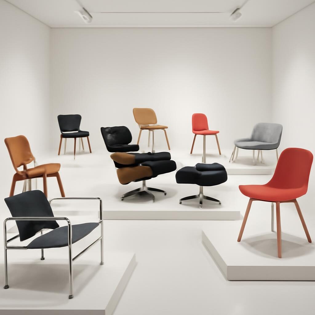 Chaises iconiques du design du XXe siècle exposées dans une galerie épurée