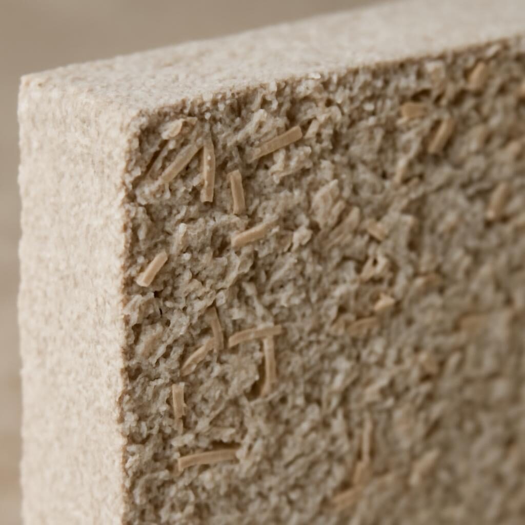 Coupe de mur en béton de chanvre montrant la texture naturelle du matériau
