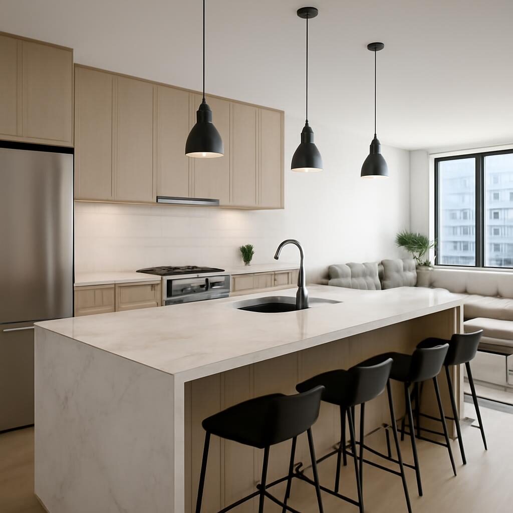 Cuisine ouverte sur salon avec îlot central en marbre et luminaires suspendus