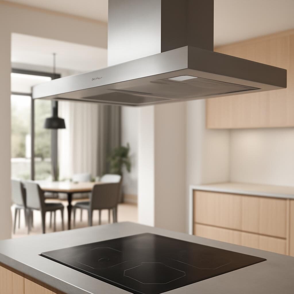 Hotte aspirante au-dessus d'un plan de cuisson dans une cuisine ouverte design