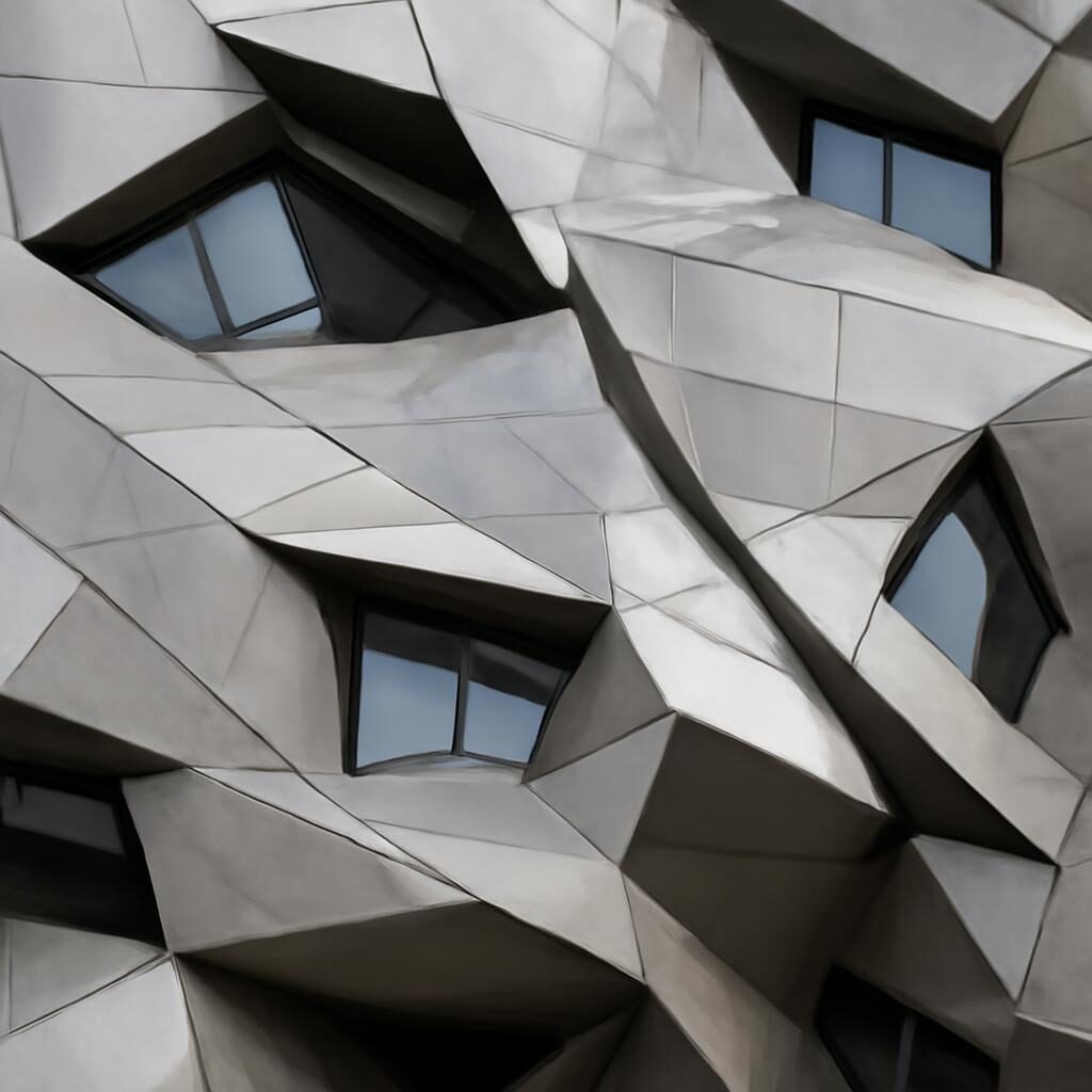 Détail de façade déconstructiviste avec panneaux géométriques irréguliers