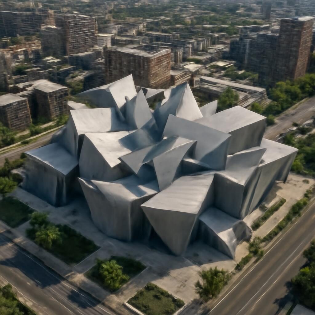 Vue aérienne d'un complexe architectural déconstructiviste en milieu urbain
