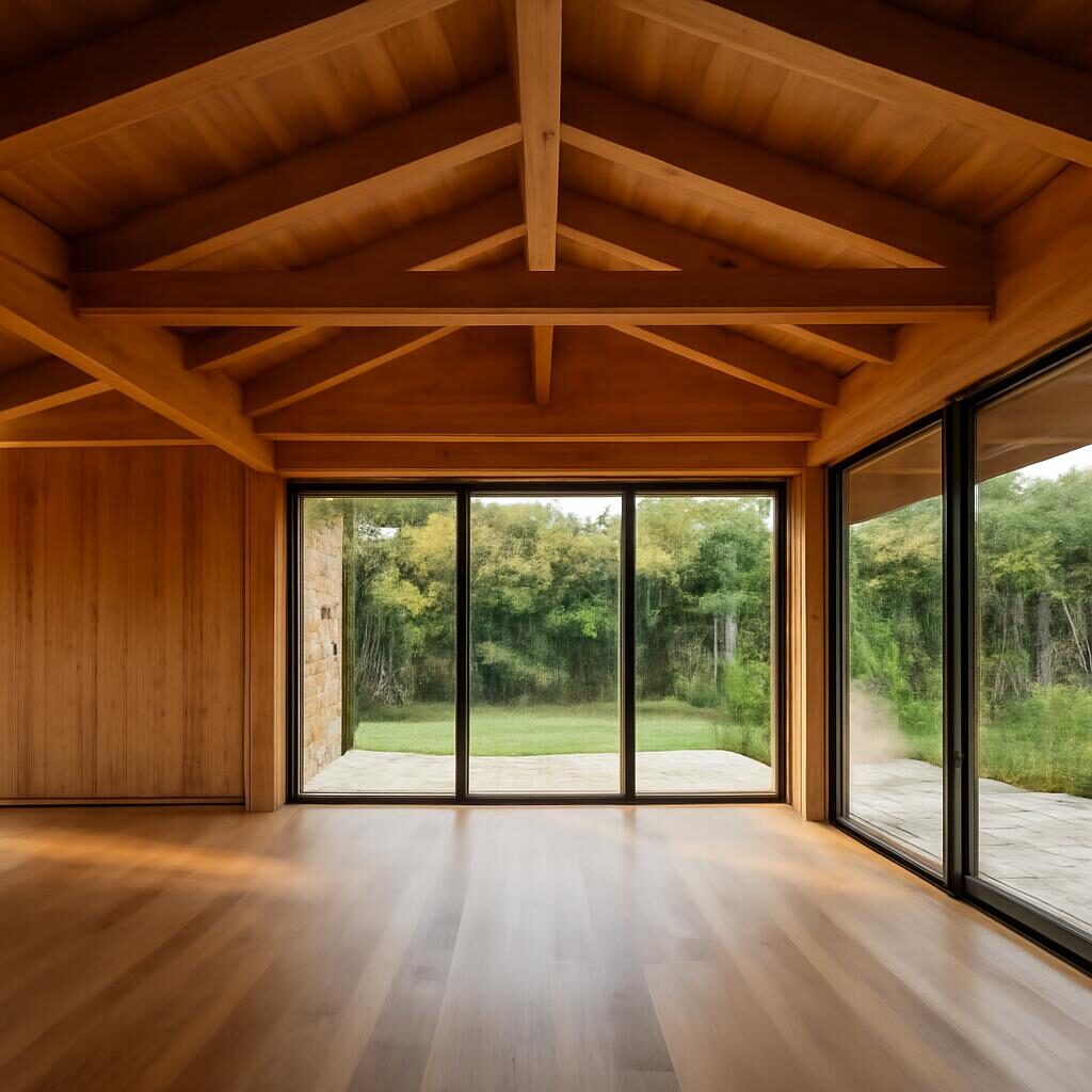 Intérieur d'extension bois avec baies vitrées et poutres apparentes