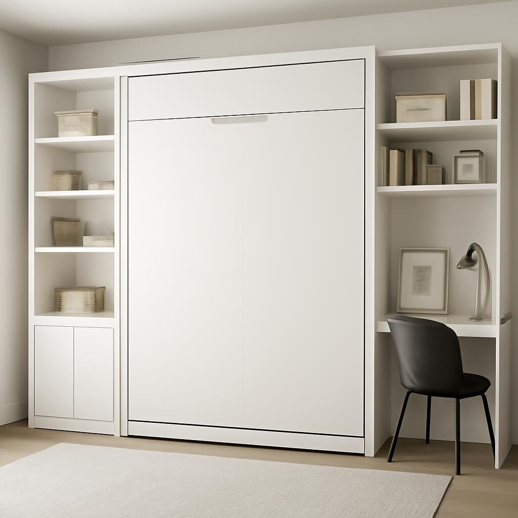 Lit escamotable intégré dans un meuble mural avec bureau et rangements