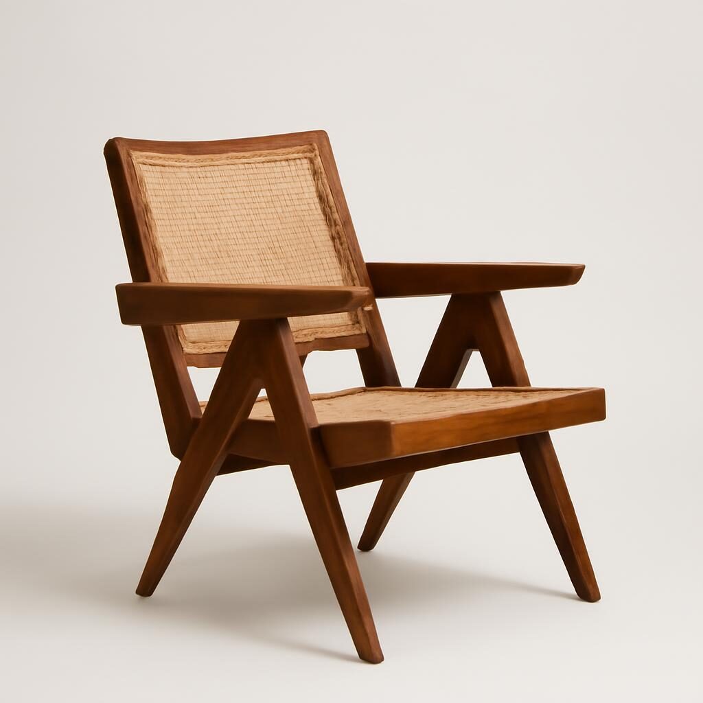 Chaise Easy Chair de Pierre Jeanneret pour Chandigarh, teck et cannage, pièce de collection