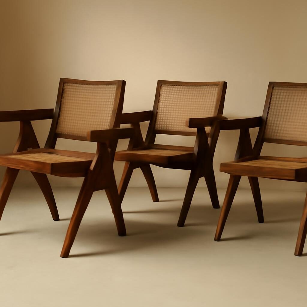 Collection de chaises Pierre Jeanneret Chandigarh originales en teck, design mid-century