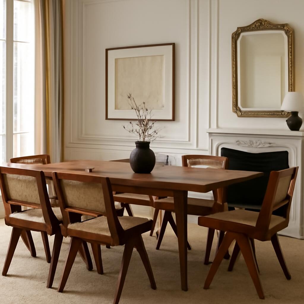 Intérieur avec chaises vintage Pierre Jeanneret autour d'une table, appartement de collection