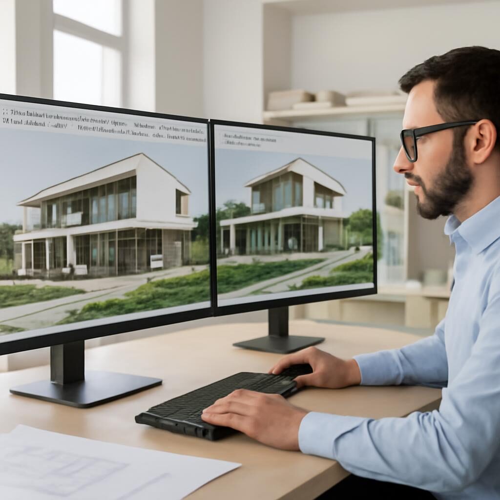 Architecte utilisant SketchUp Pro sur double écran, modèle 3D d'un bâtiment contemporain