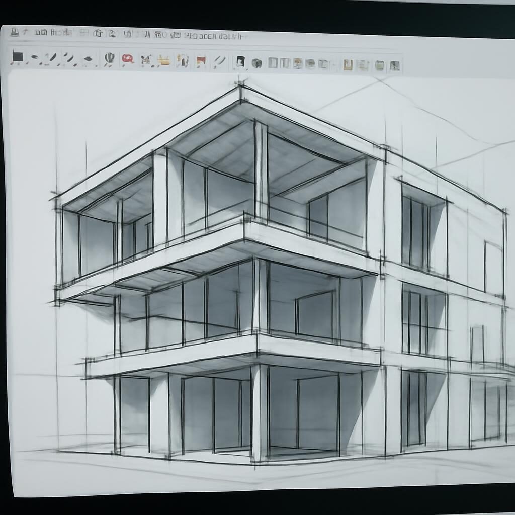 Modèle 3D architectural détaillé sur SketchUp Pro avec coupes et géométrie visible