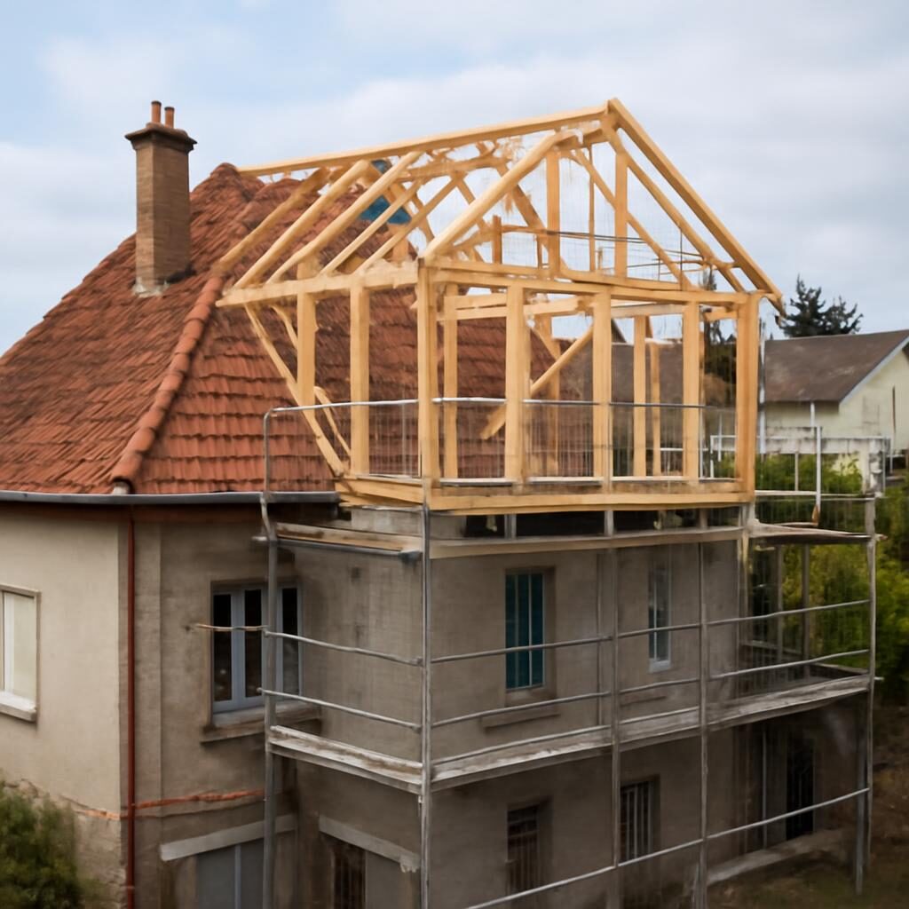 Surélévation de maison en ossature bois — chantier en cours sur toiture existante