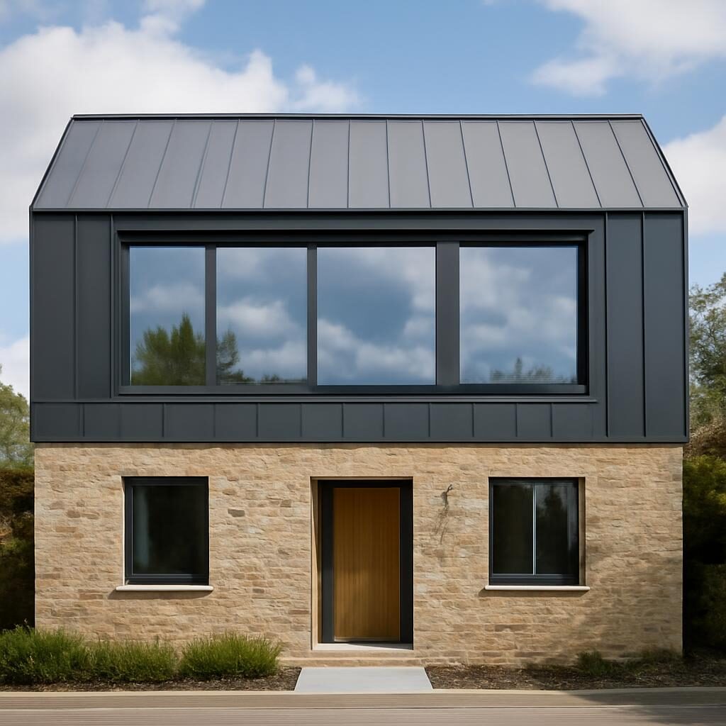 Maison surélévée avec nouvel étage moderne en zinc et grandes fenêtres