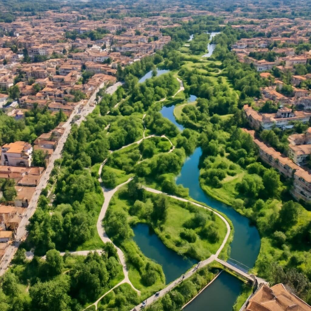 Vue aérienne d'une ville française avec corridors verts et réseaux d'eau bleue intégrés au tissu urbain