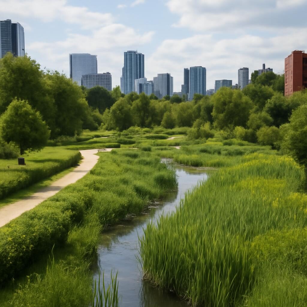 Corridor écologique urbain reliant parcs et zones humides, biodiversité en ville, trame verte bleue