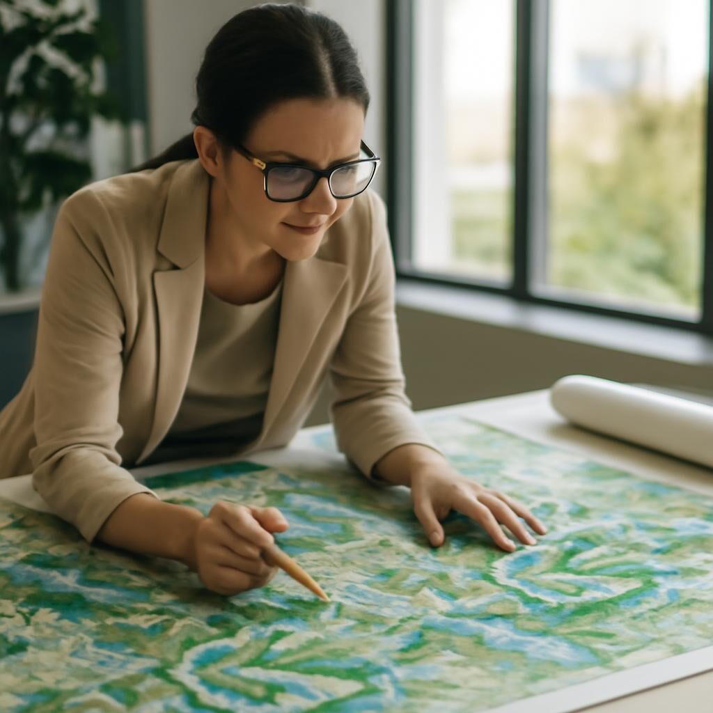 Urbaniste et paysagiste étudiant la carte du réseau écologique trame verte bleue en table de travail