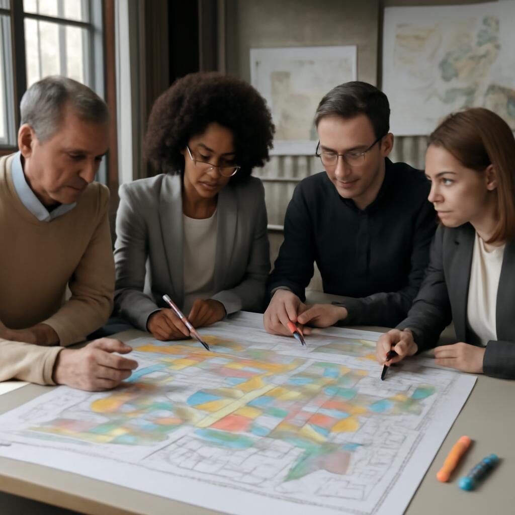 Urbanistes analysant un plan directeur de ZAC avec zones fonctionnelles