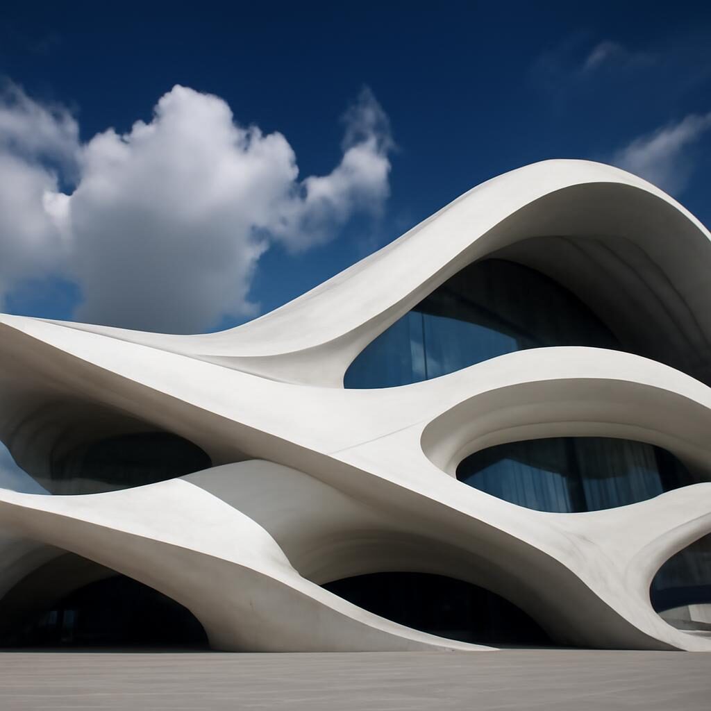 Bâtiment aux formes organiques fluides inspiré du style paramétrique de Zaha Hadid