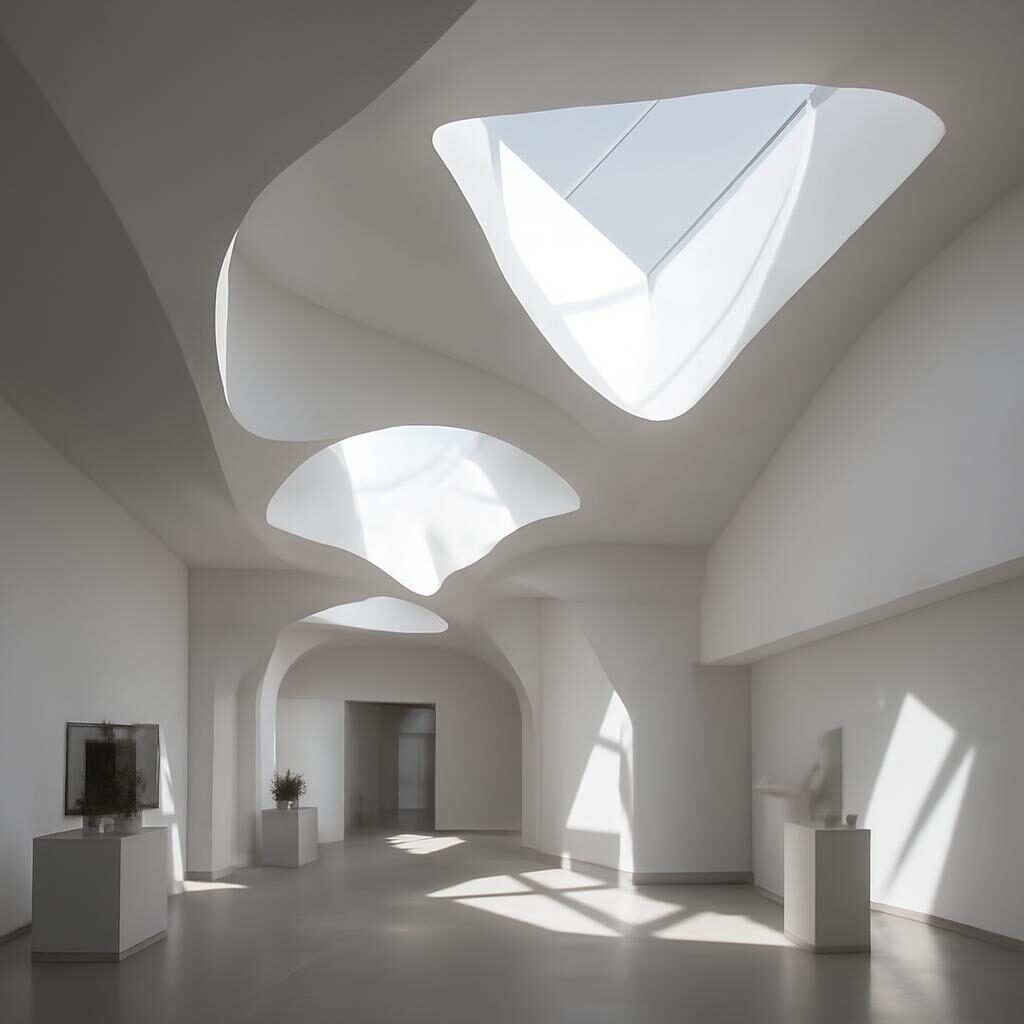 Intérieur de musée contemporain aux plafonds ondulants et jeux de lumière naturelle