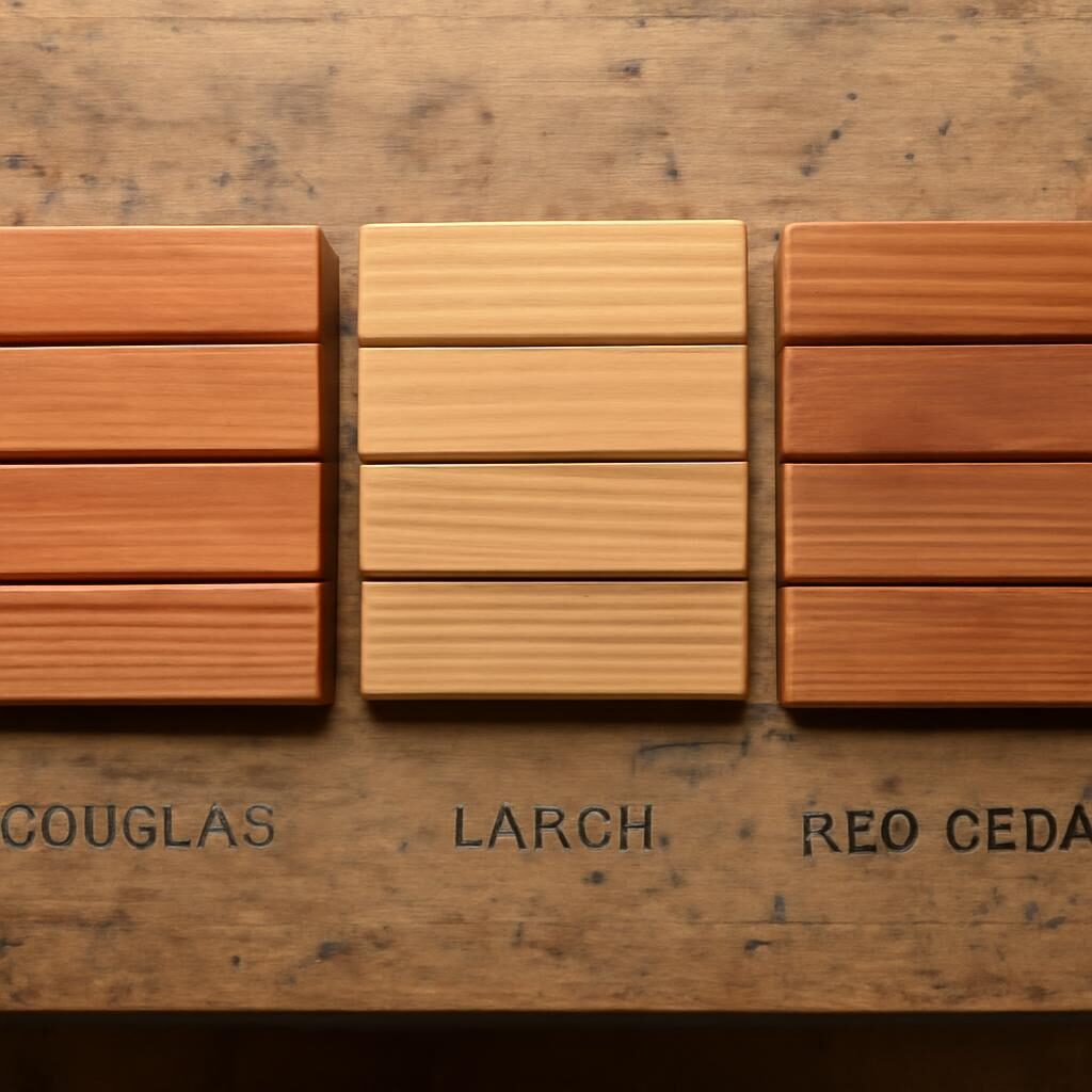 Échantillons de bardage Douglas mélèze red cedar côte à côte