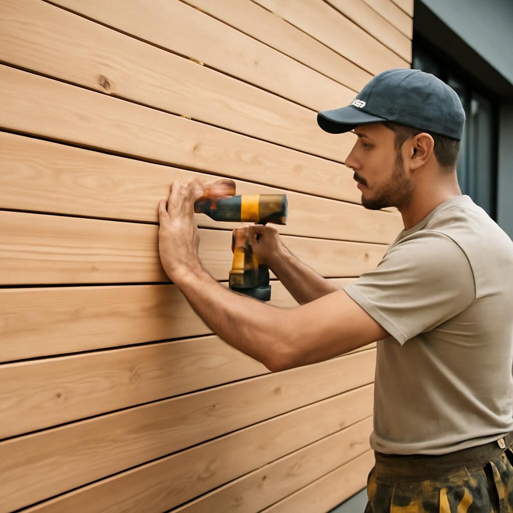 Charpentier installant un bardage bois mélèze horizontal