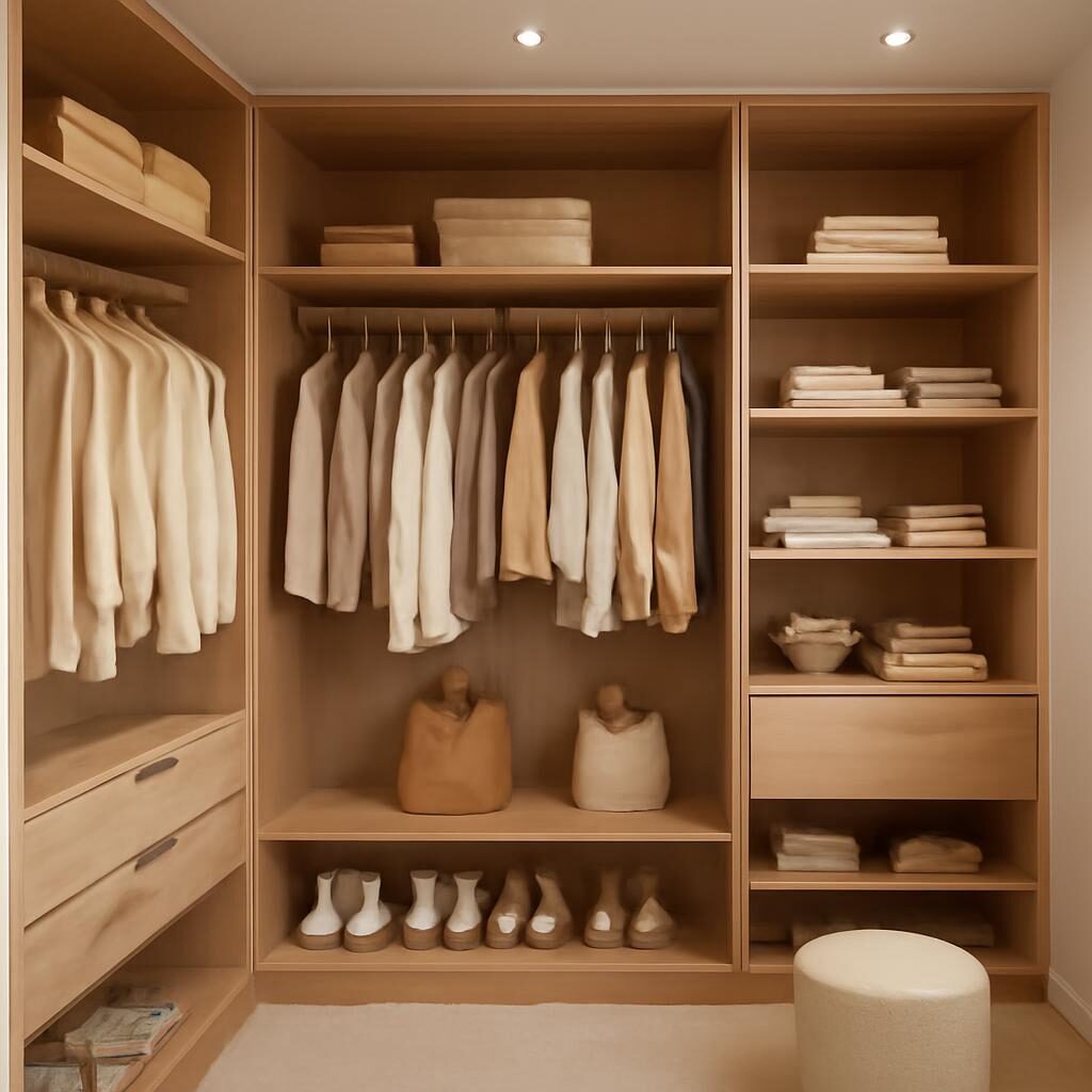 Dressing walk-in luxe organisé vêtements accessoires éclairage chaleureux
