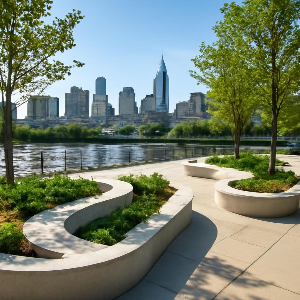 Promenade urbaine sur les berges avec bancs et plantations