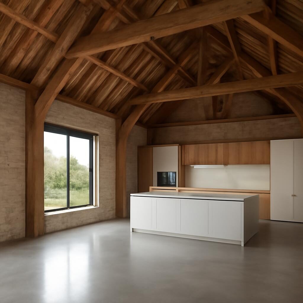 Interieur grange renovee poutres beton cire cuisine
