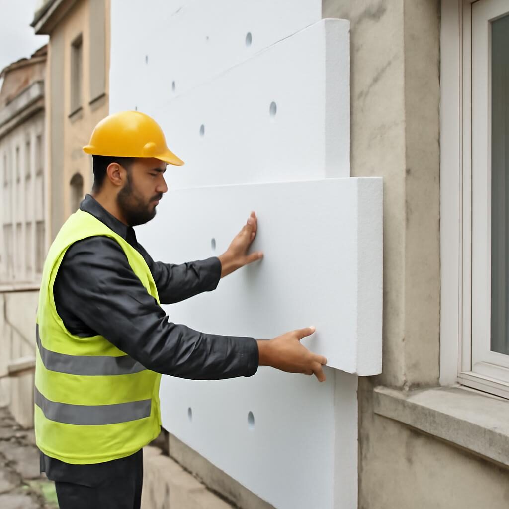 Ouvrier posant des panneaux isolants sur façade pour isolation thermique extérieure ITE