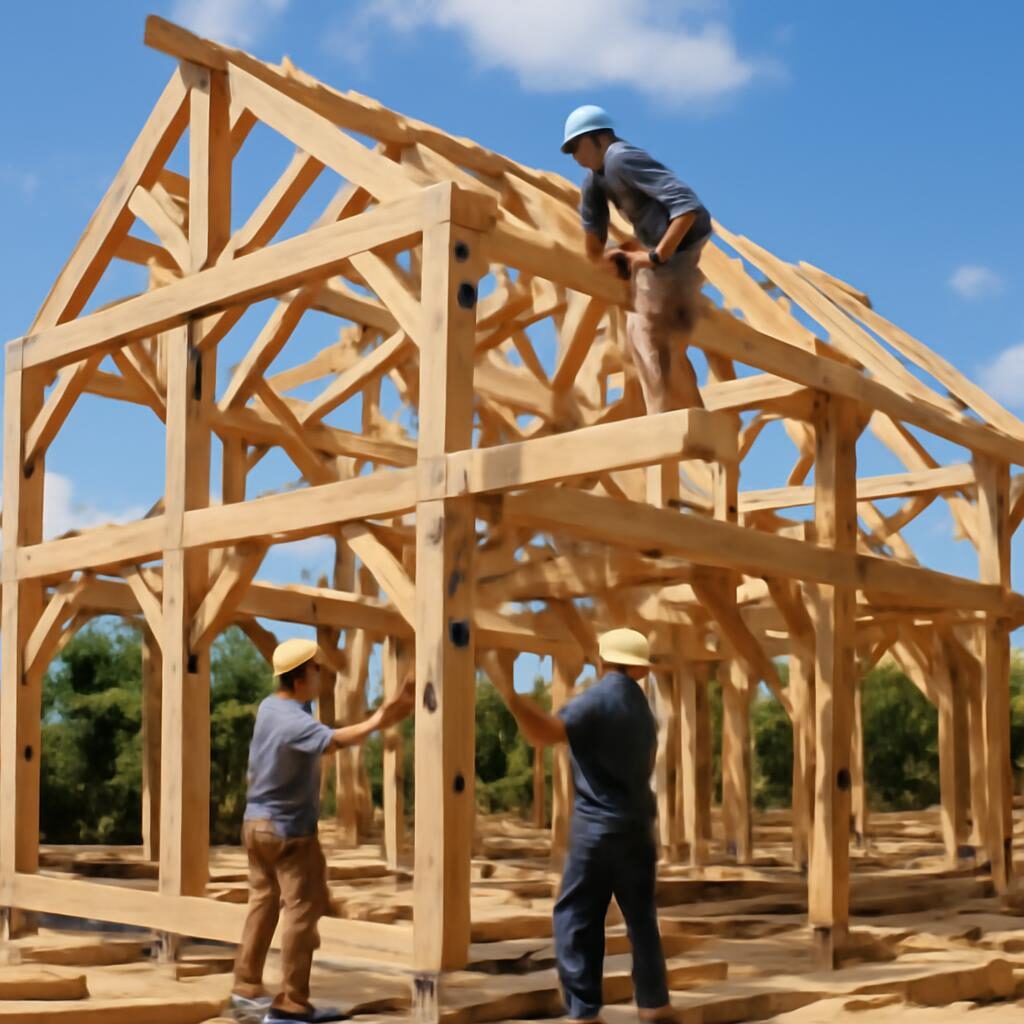 Chantier construction maison ossature bois structure bois montée