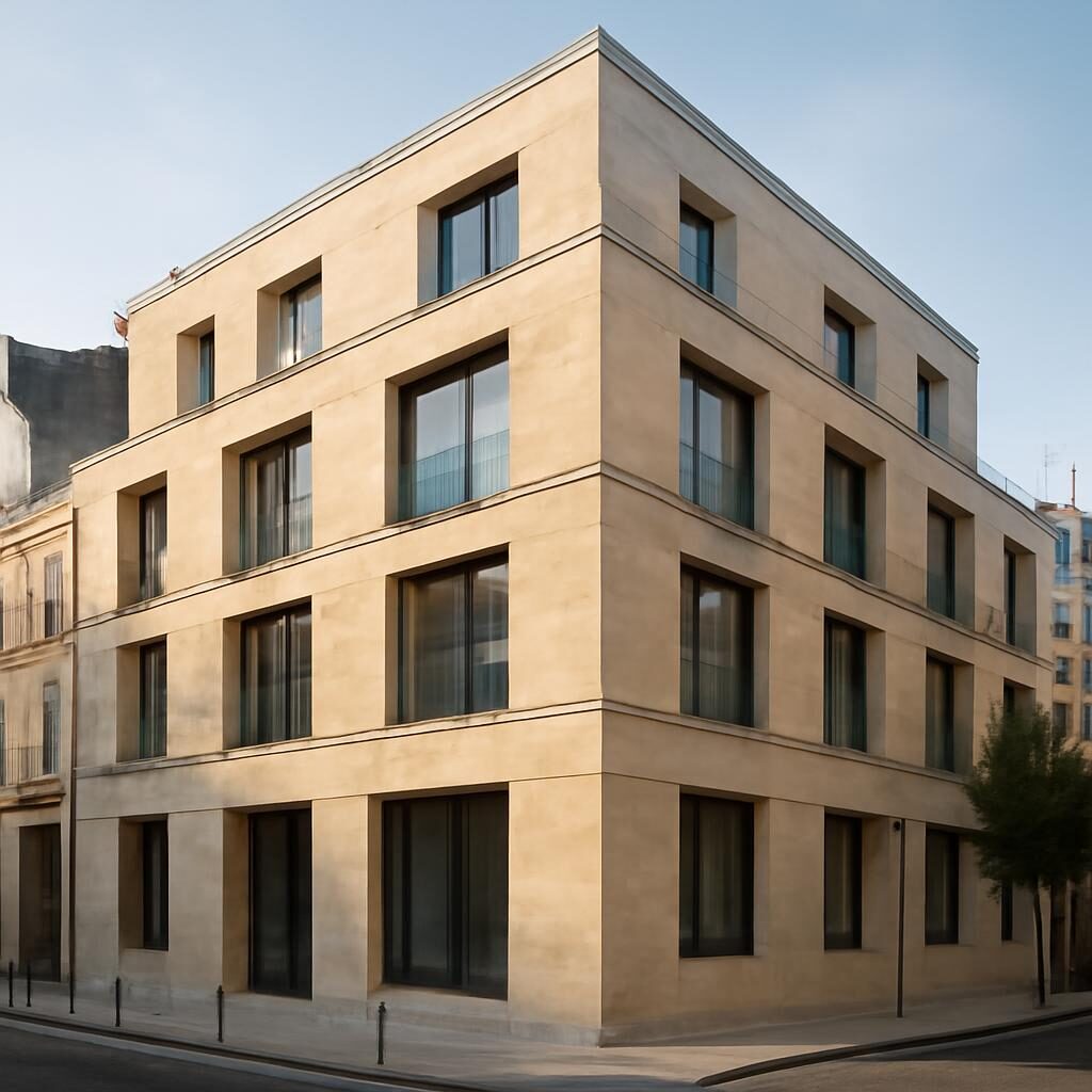 Immeuble contemporain bardage pierre naturelle calcaire façade moderne