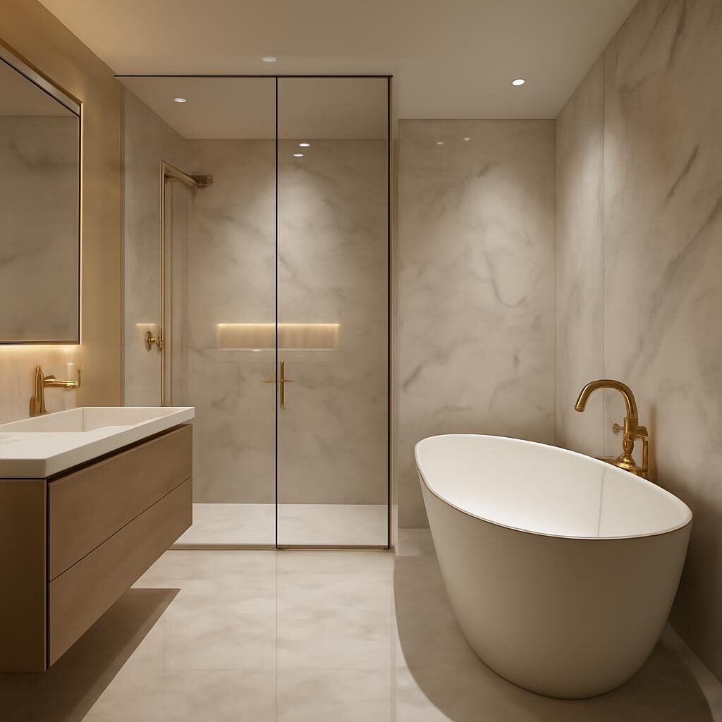 Salle de bain rénovation luxe avec baignoire îlot marbre