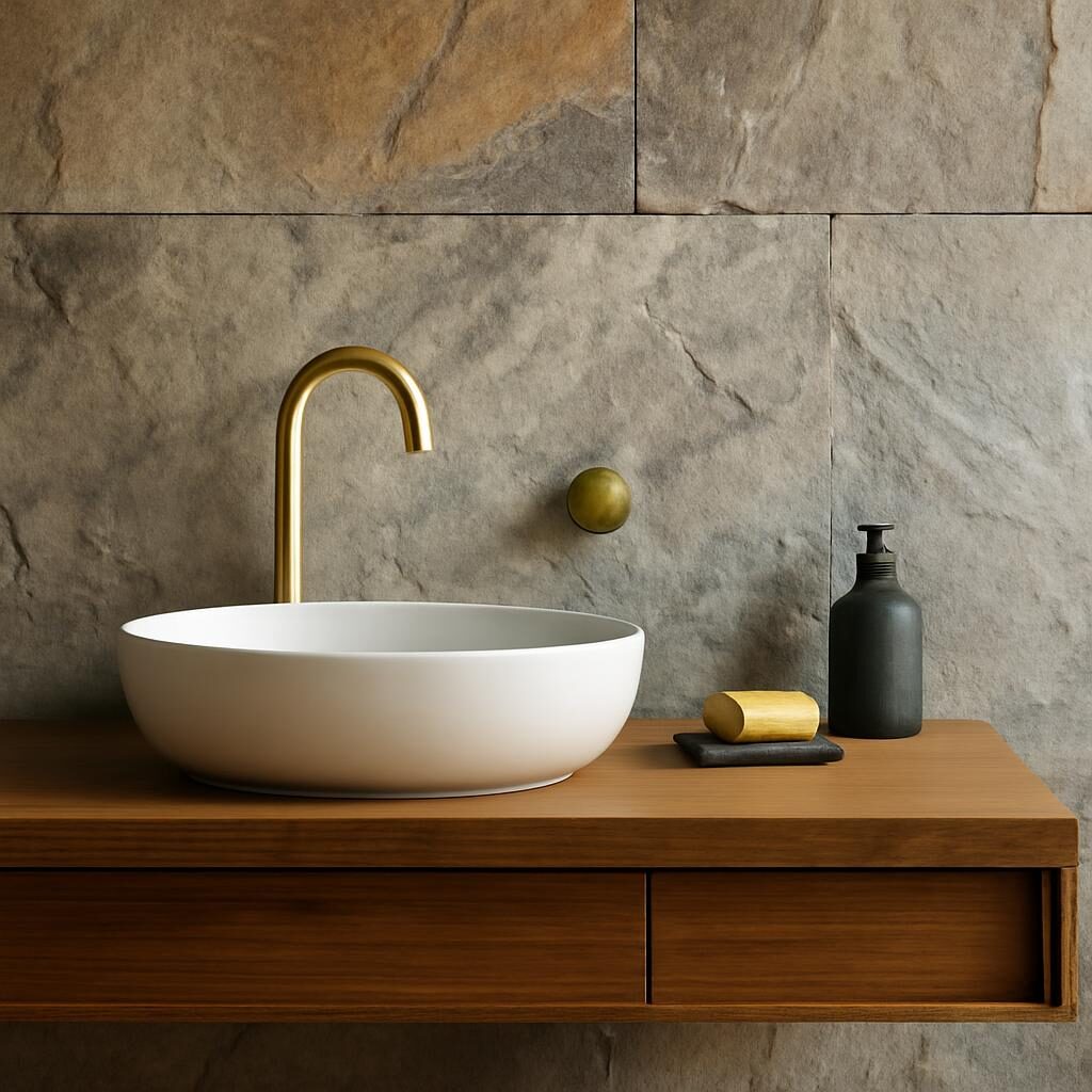 Détail salle de bain pierre naturelle meuble vasque chêne
