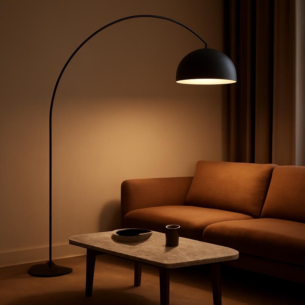 Salon avec lampadaire arc design dans interieur contemporain